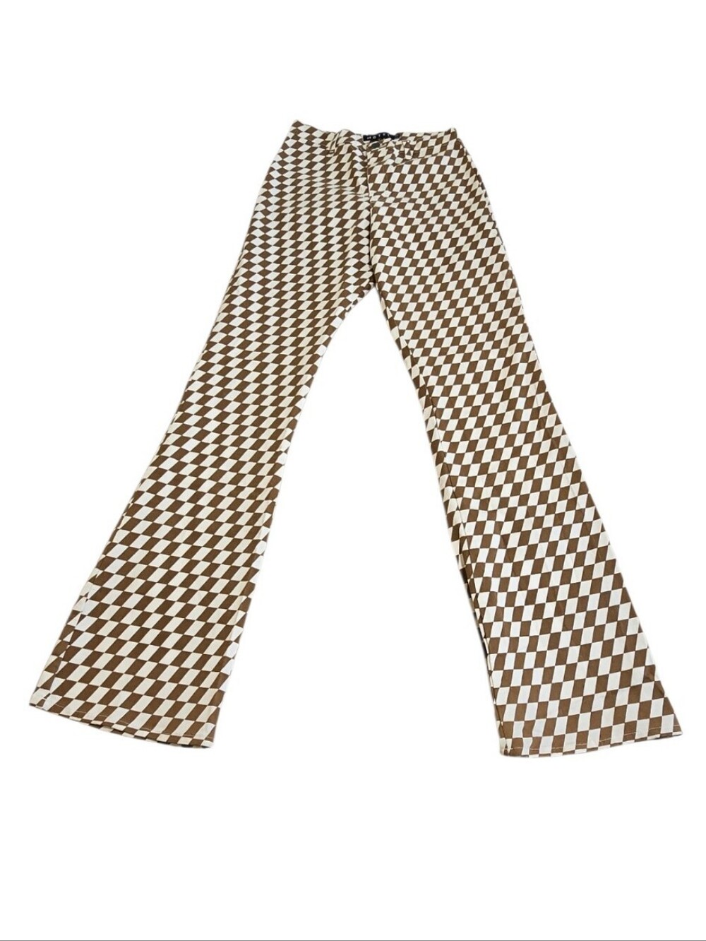 Motel Rocks Brown Checkered Flared Denim Pants Optical Grid Print Size XS